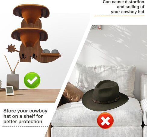 حامل قبعة رعاة البقر من جلاسفيو للجدار، حامل قبعة حائط خشبي، تخزين قبعة رعاة البقر، خطاف معدني خشبي (بني) in Kuwait