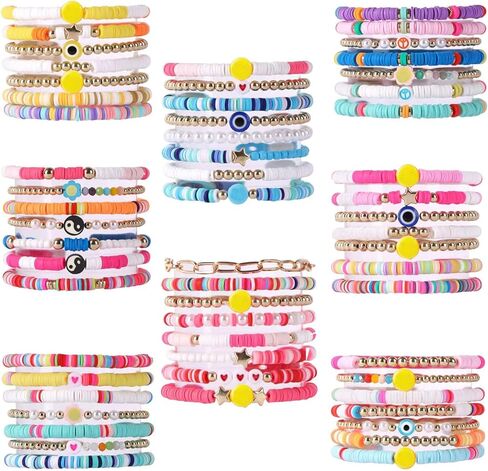 FINZOR 58Pcs Preppy Heishi Bracelets Set Colorful Evil Eye Beaded Polymer Clay Pearl Stackable Charm Y2K Summer Beach Bohemian Layering Bracelets Jewelry for Women in Kuwait