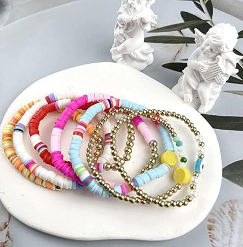 FINZOR 58Pcs Preppy Heishi Bracelets Set Colorful Evil Eye Beaded Polymer Clay Pearl Stackable Charm Y2K Summer Beach Bohemian Layering Bracelets Jewelry for Women in Kuwait