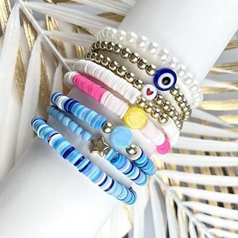 FINZOR 58Pcs Preppy Heishi Bracelets Set Colorful Evil Eye Beaded Polymer Clay Pearl Stackable Charm Y2K Summer Beach Bohemian Layering Bracelets Jewelry for Women in Kuwait