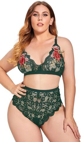 ملابس داخلية JuicyRose مقاس كبير مكونة من قطعتين للنساء، حمالة صدر دانتيل مزينة بالورد مثير ولباس داخلي عالي الخصر in Kuwait