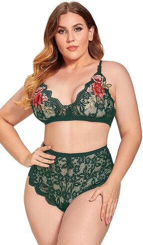 ملابس داخلية JuicyRose مقاس كبير مكونة من قطعتين للنساء، حمالة صدر دانتيل مزينة بالورد مثير ولباس داخلي عالي الخصر in Kuwait