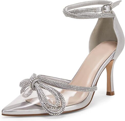 Coutgo Women's Clear Heels Closed Toe Pointed Rhinestone Heels Wedding Bridal Dress Shoes Ankle Strap Mid Heel Stiletto Pumps Shoes in Kuwait