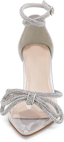 Coutgo Women's Clear Heels Closed Toe Pointed Rhinestone Heels Wedding Bridal Dress Shoes Ankle Strap Mid Heel Stiletto Pumps Shoes in Kuwait