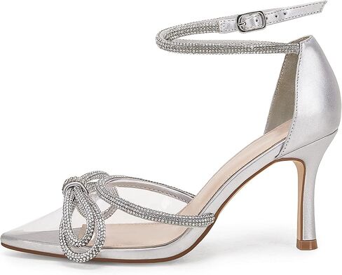 Coutgo Women's Clear Heels Closed Toe Pointed Rhinestone Heels Wedding Bridal Dress Shoes Ankle Strap Mid Heel Stiletto Pumps Shoes in Kuwait