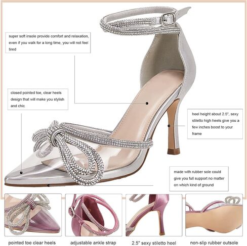 Coutgo Women's Clear Heels Closed Toe Pointed Rhinestone Heels Wedding Bridal Dress Shoes Ankle Strap Mid Heel Stiletto Pumps Shoes in Kuwait