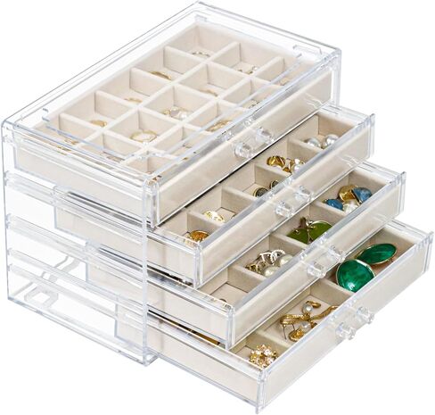 صندوق مجوهرات منظم للقرط مع 4 أدراج، صندوق منظم مجوهرات أكريليك مع صواني مخملية، حامل مجوهرات منظم لتخزين القرط للنساء والفتيات، علبة عرض لسوار الأقراط in Kuwait