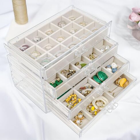 صندوق مجوهرات منظم للقرط مع 4 أدراج، صندوق منظم مجوهرات أكريليك مع صواني مخملية، حامل مجوهرات منظم لتخزين القرط للنساء والفتيات، علبة عرض لسوار الأقراط in Kuwait