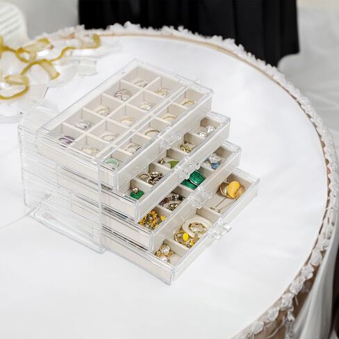 صندوق مجوهرات منظم للقرط مع 4 أدراج، صندوق منظم مجوهرات أكريليك مع صواني مخملية، حامل مجوهرات منظم لتخزين القرط للنساء والفتيات، علبة عرض لسوار الأقراط in Kuwait
