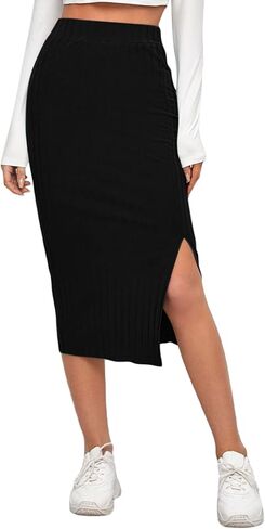 GORGLITTER المرأة شق مضلع متماسكة Bodycon تنورة متوسطة الطول الجانب سبليت عالية الخصر طول الركبة التنانير قلم رصاص in Saudi Arabia