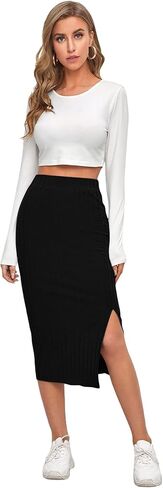 GORGLITTER المرأة شق مضلع متماسكة Bodycon تنورة متوسطة الطول الجانب سبليت عالية الخصر طول الركبة التنانير قلم رصاص in Saudi Arabia