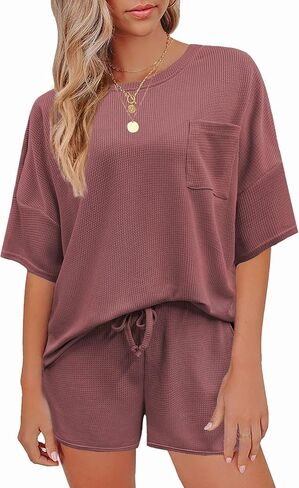 طقم بيجامات Andeip للسيدات من نسيج الوافل بأكمام قصيرة وسروال قصير مكون من قطعتين ملابس مريحة مع جيوب in Kuwait