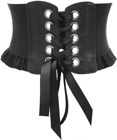 Aabellay Womens Lace-up Corset Cinch Waistband Waspie Elastic Waist Belt Retro Tied Wide Belt Vintage Bandage Elasticity Girdle Wrap for Girls Halloween Costume – Black YS001 in Kuwait