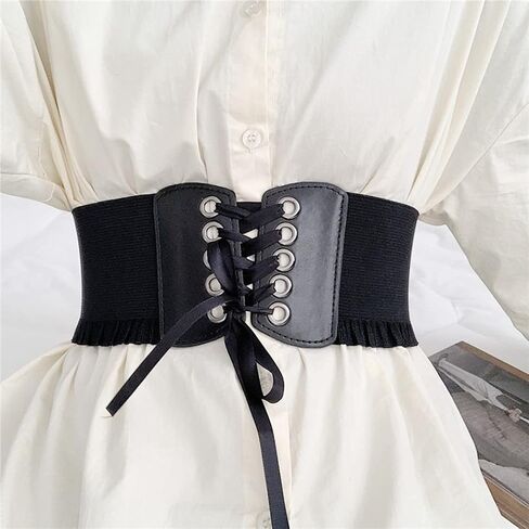 Aabellay Womens Lace-up Corset Cinch Waistband Waspie Elastic Waist Belt Retro Tied Wide Belt Vintage Bandage Elasticity Girdle Wrap for Girls Halloween Costume – Black YS001 in Kuwait