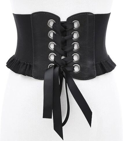 Aabellay Womens Lace-up Corset Cinch Waistband Waspie Elastic Waist Belt Retro Tied Wide Belt Vintage Bandage Elasticity Girdle Wrap for Girls Halloween Costume – Black YS001 in Kuwait