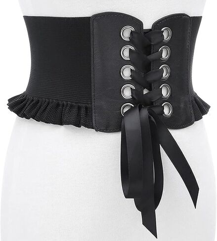 Aabellay Womens Lace-up Corset Cinch Waistband Waspie Elastic Waist Belt Retro Tied Wide Belt Vintage Bandage Elasticity Girdle Wrap for Girls Halloween Costume – Black YS001 in Kuwait