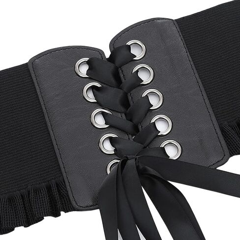 Aabellay Womens Lace-up Corset Cinch Waistband Waspie Elastic Waist Belt Retro Tied Wide Belt Vintage Bandage Elasticity Girdle Wrap for Girls Halloween Costume – Black YS001 in Kuwait