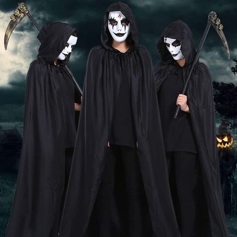YLYGJGL للجنسين كامل الطول طويل مقنع عباءة الحياكة الرأس للبالغين مصاصي الدماء الساحرة القوطي الشيطان القراصنة مصاص دماء شيطان عيد الميلاد عيد الهالوين الدعائم الطرف اللباس الزي 55 بوصة كبير أسود in Kuwait
