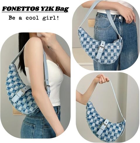 حقيبة FONETTOS Y2K Saddle Hobo، حقيبة كتف نسائية على شكل قمر حقيبة يد عصرية للفتيات in Kuwait