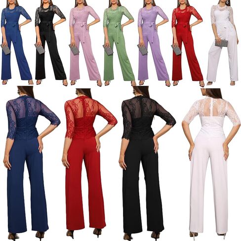 جمبسوت نسائي أنيق من الدانتيل من IUALXYBB بخصر عالٍ وأكمام متوسطة وأرجل واسعة وحفلات مسائية من قطعة واحدة مع حزام in Kuwait