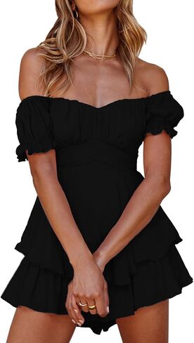 PrettyFirst Women Summer Boho off Shoulder Rompers Chiffon Lantern Short Sleeve Ruffle layer Back Tie Mini Shorts Jumpsuit in Kuwait