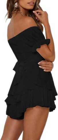 PrettyFirst Women Summer Boho off Shoulder Rompers Chiffon Lantern Short Sleeve Ruffle layer Back Tie Mini Shorts Jumpsuit in Kuwait