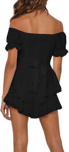 PrettyFirst Women Summer Boho off Shoulder Rompers Chiffon Lantern Short Sleeve Ruffle layer Back Tie Mini Shorts Jumpsuit in Kuwait