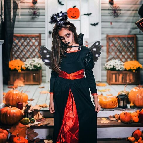 أجنحة الملاك وعصابة رأس هالة LED، زي الهالوين المضيء بأجنحة سوداء منفوش وريش ملاك داكن للفتيات والأطفال والنساء البالغات in Kuwait