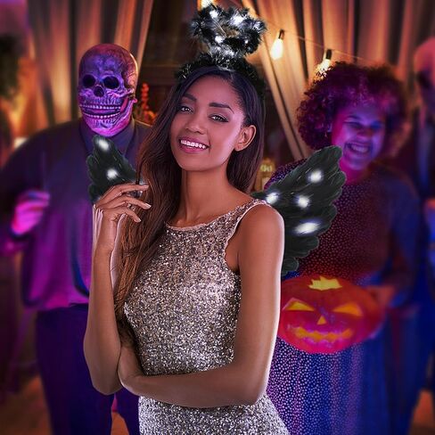 أجنحة الملاك وعصابة رأس هالة LED، زي الهالوين المضيء بأجنحة سوداء منفوش وريش ملاك داكن للفتيات والأطفال والنساء البالغات in Kuwait