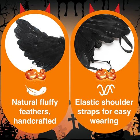 أجنحة الملاك وعصابة رأس هالة LED، زي الهالوين المضيء بأجنحة سوداء منفوش وريش ملاك داكن للفتيات والأطفال والنساء البالغات in Kuwait