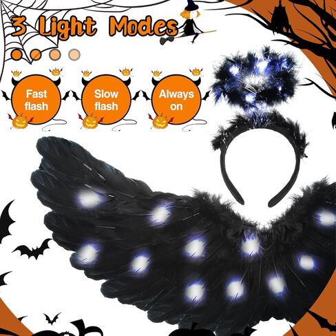 أجنحة الملاك وعصابة رأس هالة LED، زي الهالوين المضيء بأجنحة سوداء منفوش وريش ملاك داكن للفتيات والأطفال والنساء البالغات in Kuwait