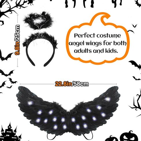 أجنحة الملاك وعصابة رأس هالة LED، زي الهالوين المضيء بأجنحة سوداء منفوش وريش ملاك داكن للفتيات والأطفال والنساء البالغات in Kuwait