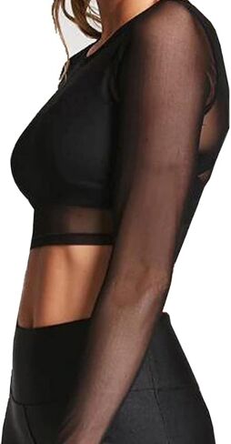 BelleLovin Women's Sheer Mesh Long Sleeve Crop Top Sexy Tee Blouse in Kuwait