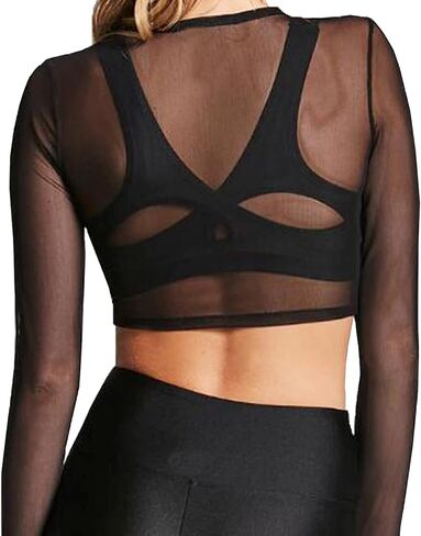 BelleLovin Women's Sheer Mesh Long Sleeve Crop Top Sexy Tee Blouse in Kuwait