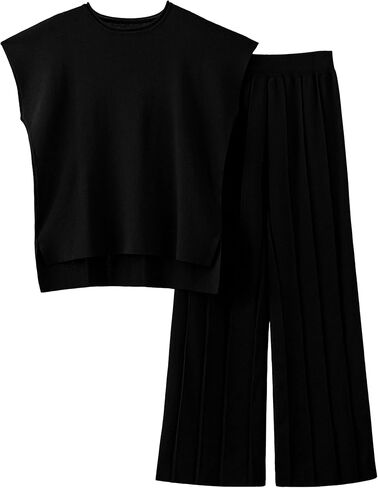 Women Knit 2 Piece Sweater Sets Pullover Tops High Waist Wide Leg Pants Lounge Set in Kuwait
