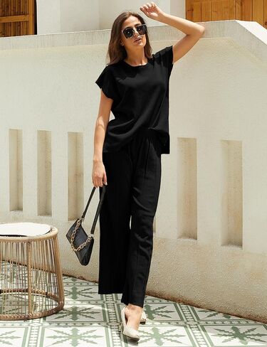 Women Knit 2 Piece Sweater Sets Pullover Tops High Waist Wide Leg Pants Lounge Set in Kuwait