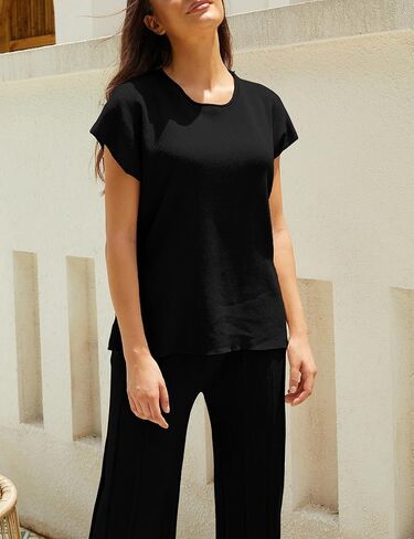 Women Knit 2 Piece Sweater Sets Pullover Tops High Waist Wide Leg Pants Lounge Set in Kuwait