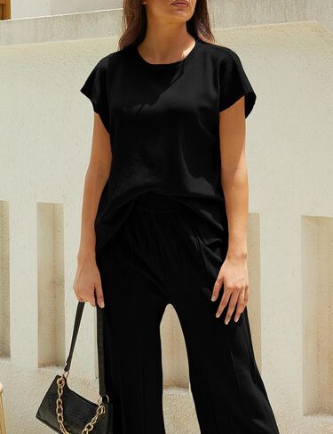 Women Knit 2 Piece Sweater Sets Pullover Tops High Waist Wide Leg Pants Lounge Set in Kuwait