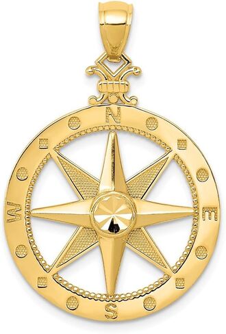 Solid 14k Yellow Gold Men's Diamond-cut Compass Brushed Matte Finish Pendant Charm 33mm in Saudi Arabia