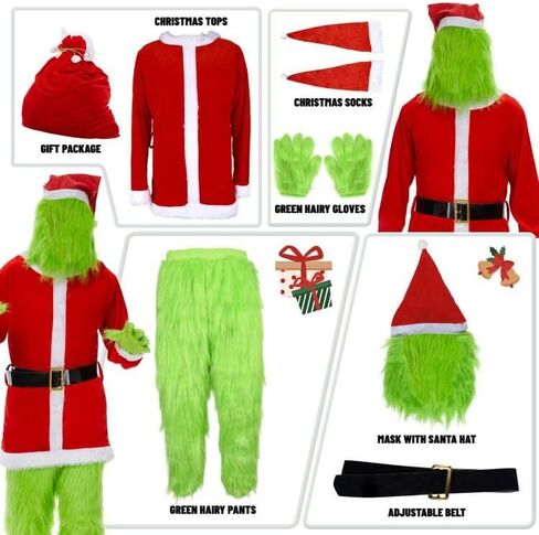 Neragron عيد الميلاد زي الوحش الأخضر، 8 قطع بدلة سانتا الخضراء للبالغين، زي عيد الميلاد الأخضر للبالغين لعيد الميلاد التنكرية in Kuwait