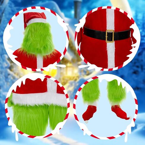 Neragron عيد الميلاد زي الوحش الأخضر، 8 قطع بدلة سانتا الخضراء للبالغين، زي عيد الميلاد الأخضر للبالغين لعيد الميلاد التنكرية in Kuwait