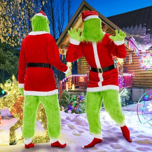 Neragron عيد الميلاد زي الوحش الأخضر، 8 قطع بدلة سانتا الخضراء للبالغين، زي عيد الميلاد الأخضر للبالغين لعيد الميلاد التنكرية in Kuwait