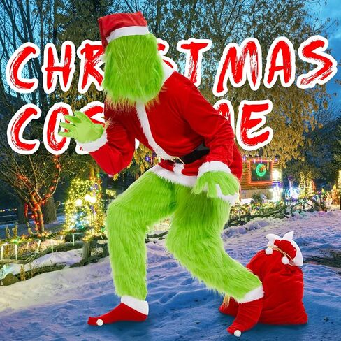 Neragron عيد الميلاد زي الوحش الأخضر، 8 قطع بدلة سانتا الخضراء للبالغين، زي عيد الميلاد الأخضر للبالغين لعيد الميلاد التنكرية in Kuwait