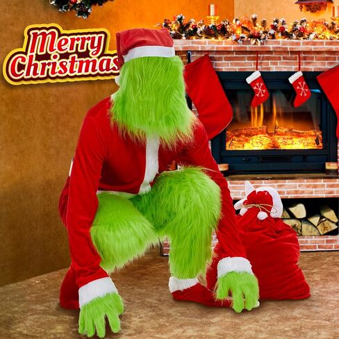 Neragron عيد الميلاد زي الوحش الأخضر، 8 قطع بدلة سانتا الخضراء للبالغين، زي عيد الميلاد الأخضر للبالغين لعيد الميلاد التنكرية in Kuwait