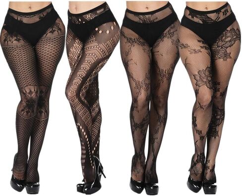 DOIAESKV Plus Size Womens Sexy Lace Patterned Tights Fishnet Floral Stockings High Waist Pantyhose for Girls Ladies 4 Pairs in Kuwait