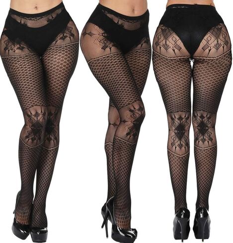 DOIAESKV Plus Size Womens Sexy Lace Patterned Tights Fishnet Floral Stockings High Waist Pantyhose for Girls Ladies 4 Pairs in Kuwait