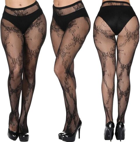 DOIAESKV Plus Size Womens Sexy Lace Patterned Tights Fishnet Floral Stockings High Waist Pantyhose for Girls Ladies 4 Pairs in Kuwait