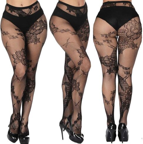 DOIAESKV Plus Size Womens Sexy Lace Patterned Tights Fishnet Floral Stockings High Waist Pantyhose for Girls Ladies 4 Pairs in Kuwait