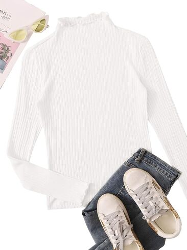 تي شيرت SweatyRocks نسائي كاجوال برقبة عالية وأكمام طويلة مضلع بقصة ضيقة ومخططة ومطاطة in Kuwait