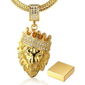 Halukakah Gold Chain for Men Necklace 18k Real Gold Plated Fully Iced Out Crown Lion Pendant Lab Diamonds Prong Set with Sharktail Chain 30",Designed Goldfoil Giftbox in Saudi Arabia